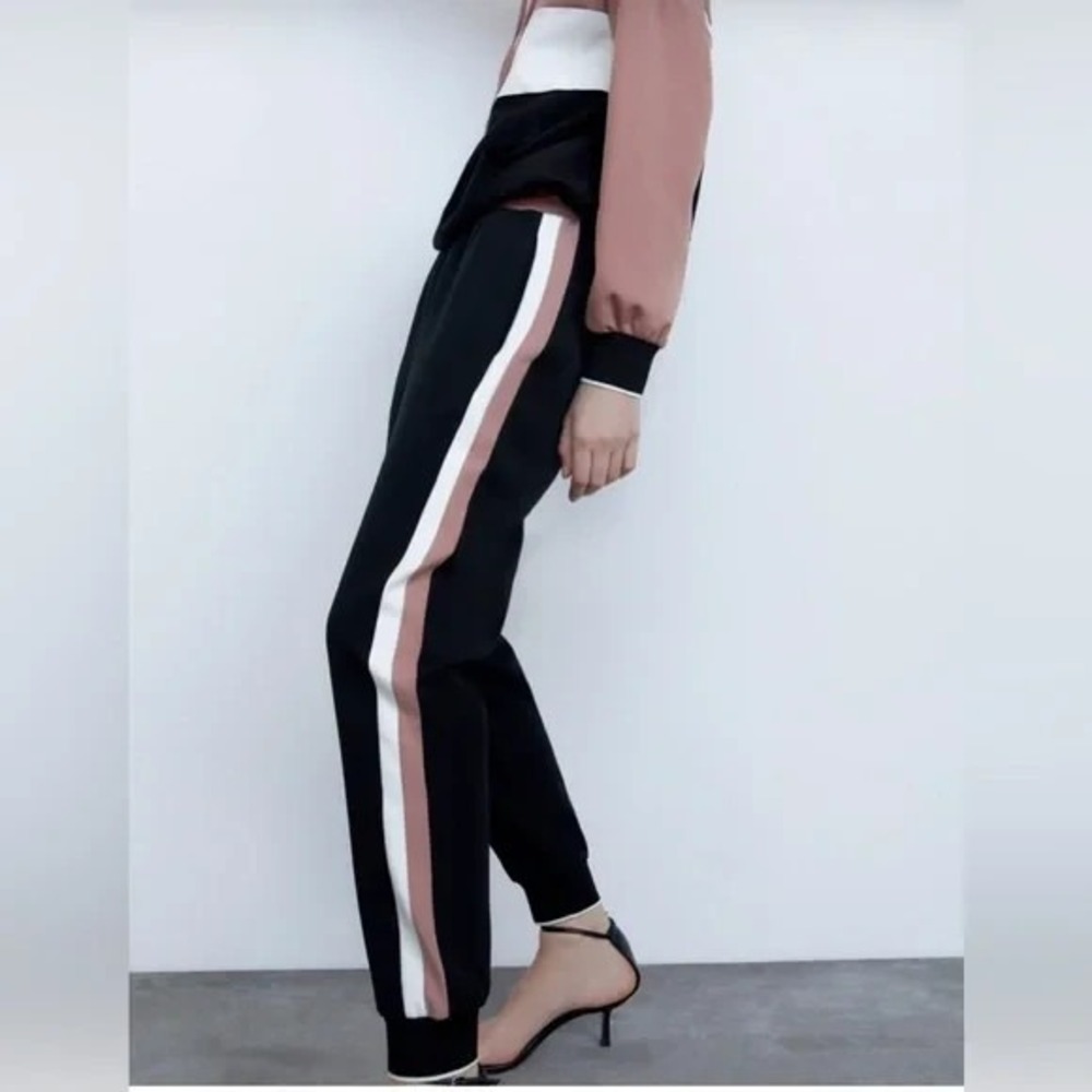 ZARA Black High-Waisted Joggers Tan and White Side Stripe Size‎ Small